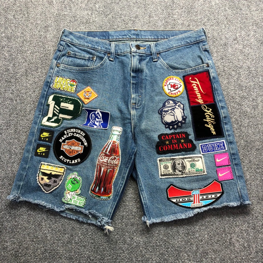 Mens Custom Vintage Patchwork Denim Shorts Light Wash Relaxed Fit Size 32